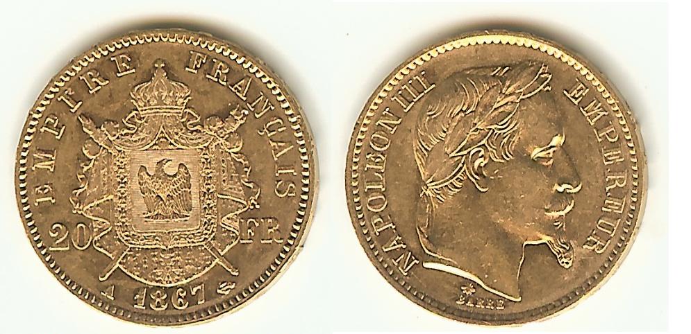 20 Francs Or Napoléon III 1867A SUP- à SUP